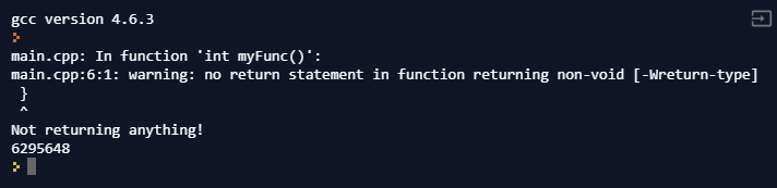 GCC compiling the code. It warns that there's no return statement, but still prints out a value, 6295648.