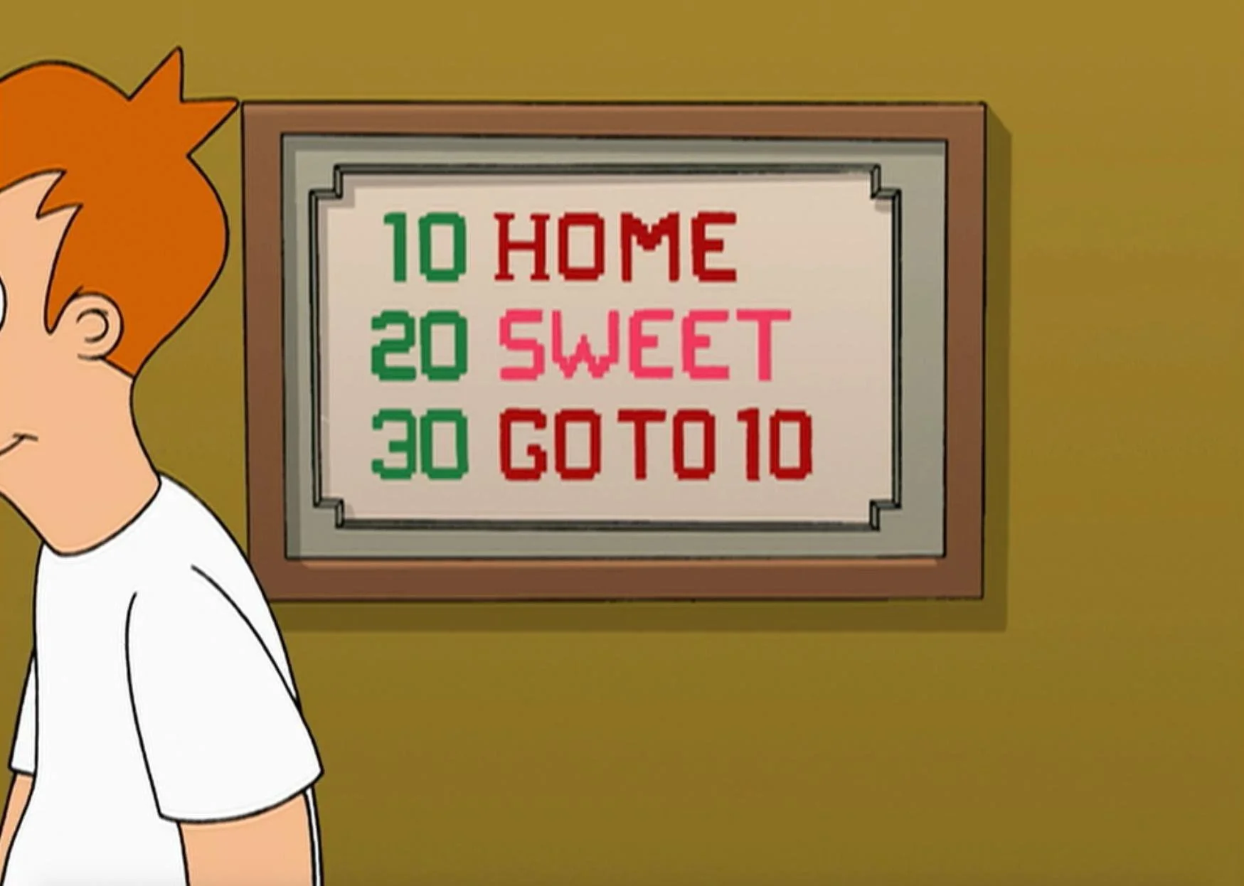 A cartoon image of a cross-stitch from Futurama. It reads 10 HOME, 20 SWEET, 30 GO TO 10