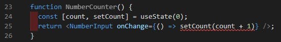The original `NumberCounter` component, with a red squiggle under the `onChange` prop, denoting a TypeScript error.
